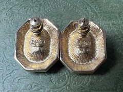 VTG Signed Trifari Black Enamel Clear Crystal Octagon Gold Tone Pierced Earrings
