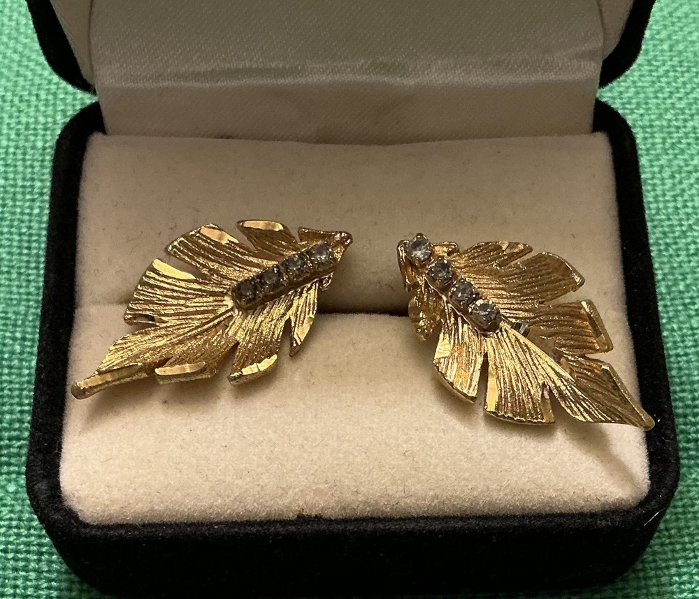 Gold Tone Leaf Earrings Blue Stones Pierced Post Vintage Estate Jewelry