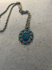 VTG NICKEL SILVER BELL BRAND FAUX TURQUOISE NECKLACE AND PENDANT 28”