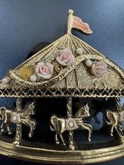 Vtg 1928 Jewelry Company Gold Tone Brooch Pin Carousel Horses Pink Roses