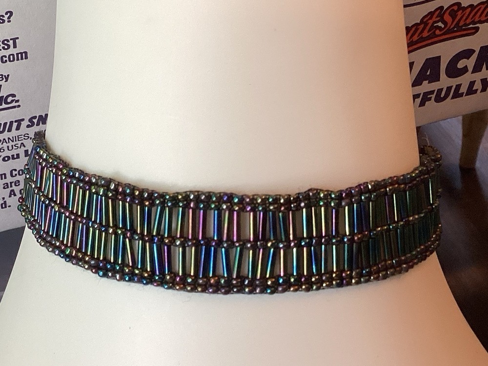 Vintage Black Iridescent Choker 14” Glass Bead Purple Green Blue Peacock Colors