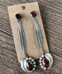 3.5 Inch Mexico Floral Dangle Earrings Brown Stone Artisan 925 Sterling Silver