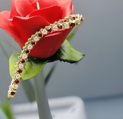 Vtg. 925 Gold Vermeil Ruby Colored Rhinestones & Cubic Zirconia Tennis Bracelet