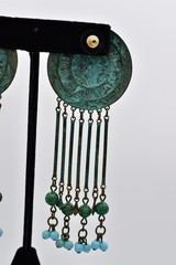 Vintage Verdigris Patina Beaded Chandelier Earrings Dangle Fringe 1970s BinAV