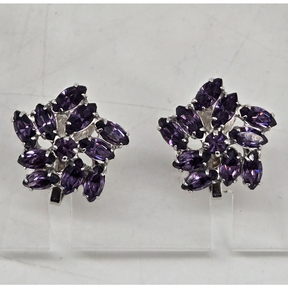 Vtg B David Purple Cluster Marquis Crystal Rhodium Silver Tone Clip On Earrings