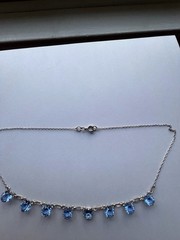 Antique Art Deco Sterling Silver Bezel Set Blue Crystal Necklace 17 Inches