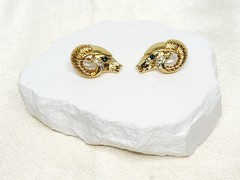 Pair KJL For Avon Gold Tone Green Eyed Ram Head Post Earrings