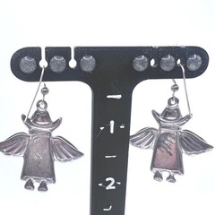 Vtg Sterling Silver Mexico Cowboy Angel Dangle Earrings Two Tone Wings Hat