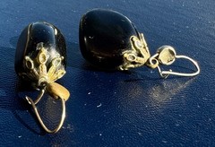 Vintage Eggplant Glass French Jet Style Dangle-Drop Earrings w Ornate Metal Caps