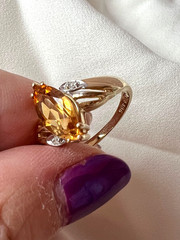 VINTAGE SOLID 14K YELLOW GOLD MARQUISE NAVETTE GOLDEN HONEY CITRINE DIAMOND RING