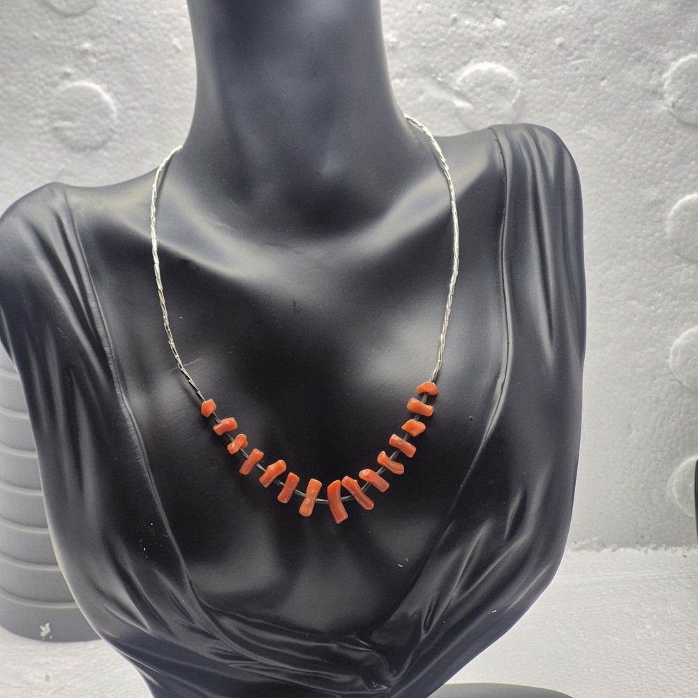 Vintage Handmade 14.5″ Long Graduated Coral Branch & Silver Heishi Bead Necklace
