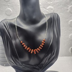 Vintage Handmade 14.5″ Long Graduated Coral Branch & Silver Heishi Bead Necklace