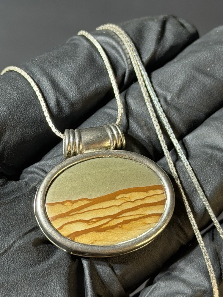 Vintage Picture Jasper & Sterling Silver Pendant Necklace 30” 925 Signed CT