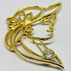 Vintage Gold-Tone Lady Profile In Hat Rhinestone Brooch Pin Signed Tona