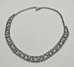 Vintage Unsigned Double Row Clear Rhinestone Floral Necklace Silver Tone 15.5”