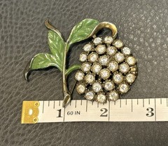 Vintage Art Deco Large Fruit Leaf Brooch Enamel & Rhinestone Pot Metal Pin