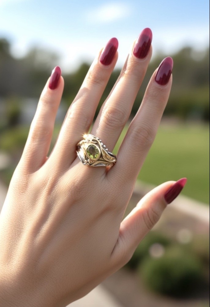 Vintage Art Nouveau Style Peridot Sterling Silver and 14K YG Vermeil Ring Size 8