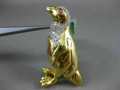 ANTIQUE EXTRA LARGE 1.52CT DIAMOND & AAA RUBY 18K YELLOW GOLD PENGUIN BROOCH PIN