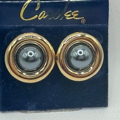 Vintage Carol Lee Faux Black Pearl Clip On Button Earrings Silver Tone Signed
