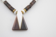 Tiger Eye Heishi Bead Necklace with Inlaid MOP Pendant 16”