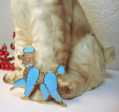 Blue Enamel Cloisonne/Guilloche Goldtone Poodle Brooch & Poodle Statue-Figurine