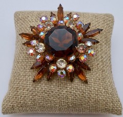 Vintage Brown AB & Clear Glass Rhinestone Layered Starburst Brooch Pin CJ83