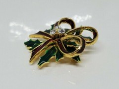 Rhinestone Enamel Green and Red Christmas Bow Brooch Pin Pendant 2″