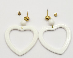 White Heart Open Center Bead Drop Dangle w Ball Stud Gold Tone Vintage Earrings