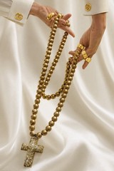 Vintage Original Shattered Fine Art Glass Cross Gold Wood Prayer Beads Necklace