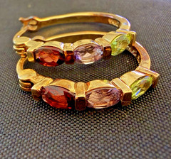 Vintage 925 Silver Multi-Gemstone J-Hoop Earrings Gold Vermeil Garnet Amethyst