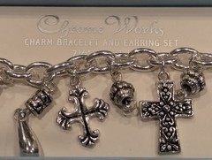 Vintage Religious Cross Charm Bracelet Set With Earrings, Nickel Free 7 1/2″
