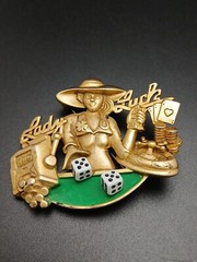 AJC vintage “LADY LUCK” gold tone 3D intricate details brooch