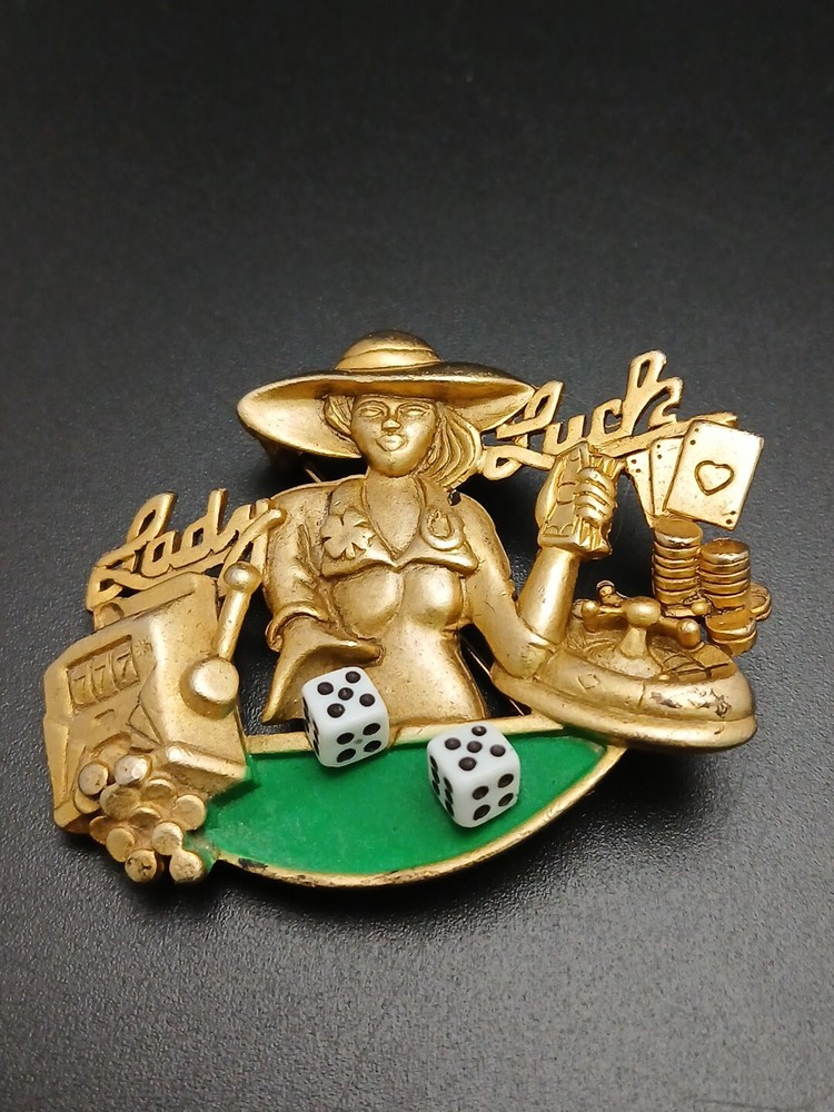 AJC vintage “LADY LUCK” gold tone 3D intricate details brooch