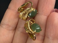 Vintage Sorrento 12K Gold Filled Jade Nephrite Green Cabochon Clip Earrings