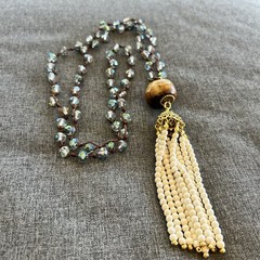 Art Deco Style Aroura Crystal Rhinestone 36” Long Necklace With Beaded Tassel