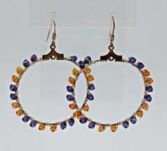 925 Open Circle Earrings 1.25in Drop Sterling Silver Wrapped Purple Gold Crystal