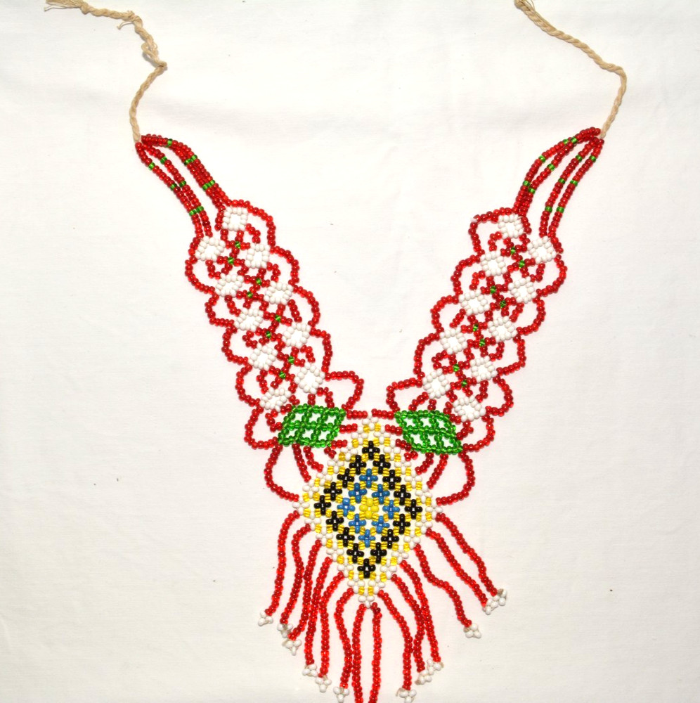 Vintage Handmade Beaded Necklace Tribal Boho Red Green Yellow Fringe Statement