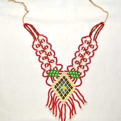 Vintage Handmade Beaded Necklace Tribal Boho Red Green Yellow Fringe Statement
