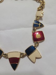 Trifari Signed Vintage Nautical Gold Tone Chain Necklace w Red Blue White Enamel