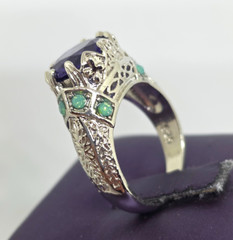 Faux Purple Amethyst Green Opal Filigree Silver Cocktail Ring Marked 925 SZ 7.25
