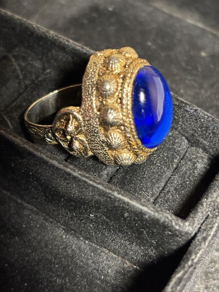 Vintage Large Chinese Blue Inlay Stone Ring Expandable Silver Toned