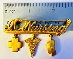 I Love Nursing Vintage Gold-tone Pin Brooch w/3 Dangle Charms JJ Jonette VGC