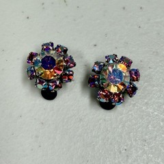 Vintage Silver Tone Aurora Borealis (AB) Rhinestone Cluster Clip-On Earrings