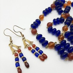 Egyptian Revival Carnelian And Blue Glass Vintage Necklace And Earrings Set
