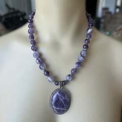 VTG Artisan Beaded Pendant Necklace 18 Inch Purple Amethyst Quartz Silver Plated