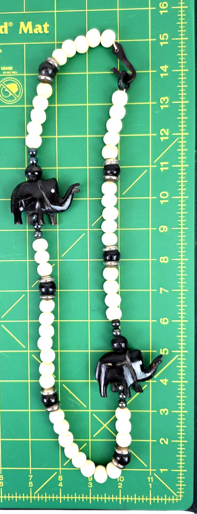 Vintage African Elephant Necklace Hand Carved Black Horn Natural Bovine Bone