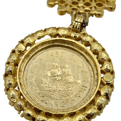 Vintage Faux Coin 1957 South Africa 1/2d Rhinestones Dangle Brooch Gold Tone