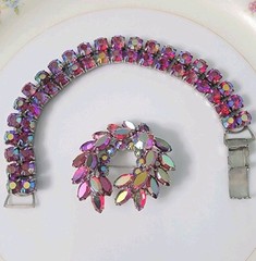 Vintage 1950s-1960s Red Aurora Borealis Demi Parure Bracelet and Shrimp Brooch