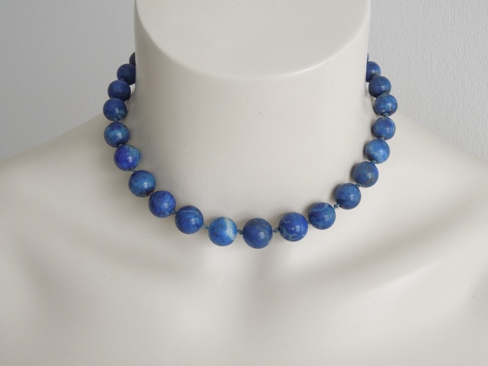 Lapis Lazuli? Sodalite? Ball Necklace 800 Silver 58.5 G/39 Cm/Ø 0.9 Cm-1.3 Cm