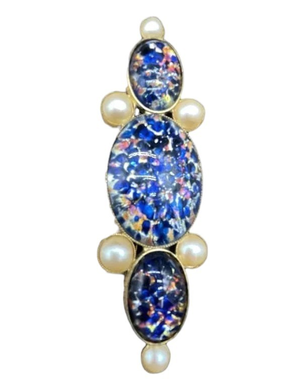 HUGE 4.25″ DICHROIC GLASS STERLING SILVER & PEARLS IMPRESSIVE BROOCH PIN ARTISAN